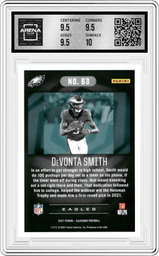DeVonta Smith from the 2021 Panini Illusions set featuring a Retail parallel graded by Arena Club and given an overall grade of 10.