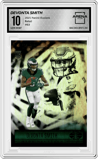 DeVonta Smith from the 2021 Panini Illusions set featuring a Retail parallel graded by Arena Club and given an overall grade of 10.