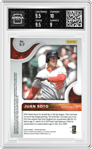 Juan Soto from the 2020 Panini Prizm set graded by Arena Club and given an overall grade of 9.5.