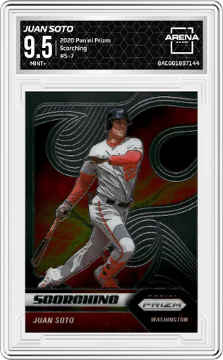 Juan Soto from the 2020 Panini Prizm set graded by Arena Club and given an overall grade of 9.5.
