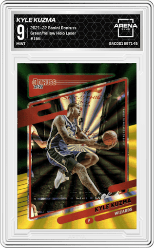 Kyle Kuzma from the 2021-22 Panini Donruss set featuring a Green/Yellow Holo Laser  parallel graded by Arena Club and given an overall grade of 9.