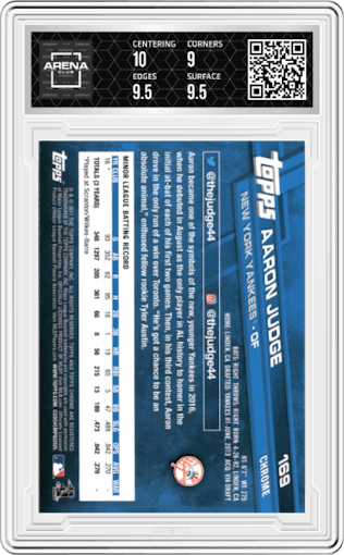Aaron Judge from the 2017 Topps Chrome set graded by Arena Club and given an overall grade of 9.5.