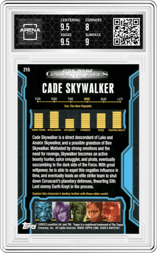 Cade Skywalker from the 2012 Topps Star Wars Galactic Files  set graded by Arena Club and given an overall grade of 8.5.