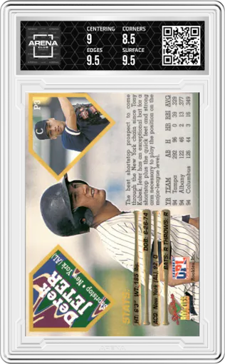 Derek Jeter from the 1995 Signature Rookies set graded by Arena Club and given an overall grade of 9.