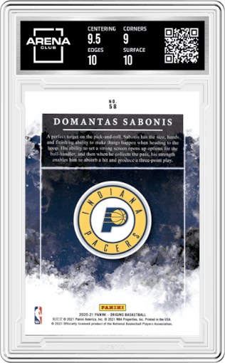 Domantas Sabonis from the 2020-21 Panini Origins  set featuring a Orange parallel graded by Arena Club and given an overall grade of 9.5.