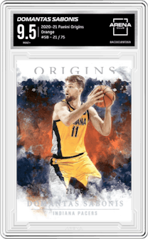Domantas Sabonis from the 2020-21 Panini Origins  set featuring a Orange parallel graded by Arena Club and given an overall grade of 9.5.