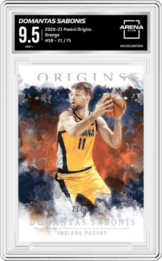 Domantas Sabonis from the 2020-21 Panini Origins  set featuring a Orange parallel graded by Arena Club and given an overall grade of 9.5.