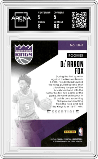 De'Aaron Fox from the 2017-18 Panini Essentials set graded by Arena Club and given an overall grade of 5.5.