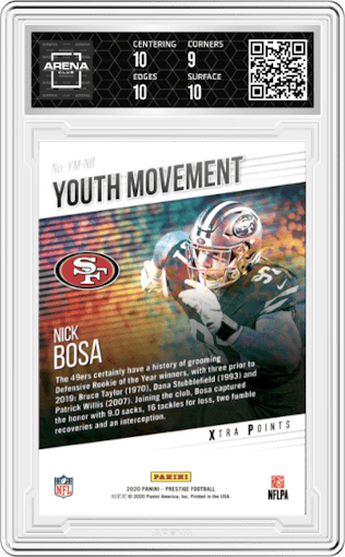 Nick Bosa from the 2020 Panini Prestige set featuring a Xtra Points Blue parallel graded by Arena Club and given an overall grade of 9.5.