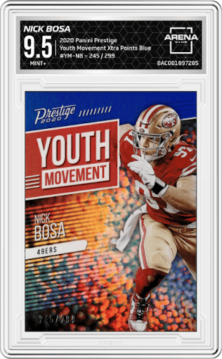 Nick Bosa from the 2020 Panini Prestige set featuring a Xtra Points Blue parallel graded by Arena Club and given an overall grade of 9.5.