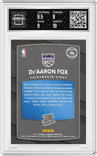 De'Aaron Fox from the 2017-18 Panini Donruss set graded by Arena Club and given an overall grade of 8.5.