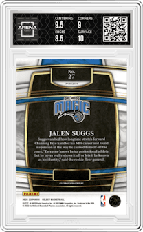 Jalen Suggs from the 2021-22 Panini Select set featuring a Tri-Color Prizm parallel graded by Arena Club and given an overall grade of 9.