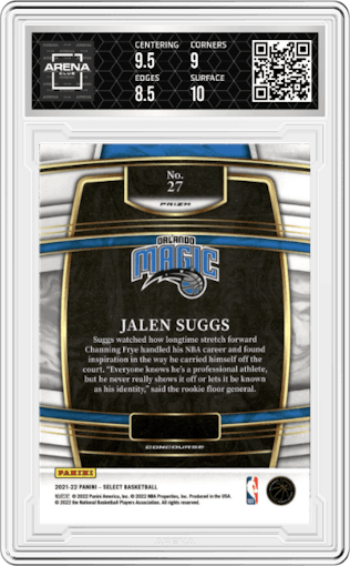 Jalen Suggs from the 2021-22 Panini Select set featuring a Tri-Color Prizm parallel graded by Arena Club and given an overall grade of 9.