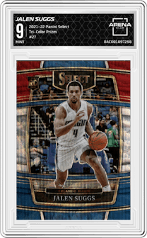 Jalen Suggs from the 2021-22 Panini Select set featuring a Tri-Color Prizm parallel graded by Arena Club and given an overall grade of 9.