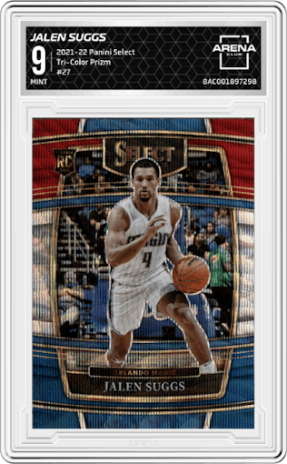 Jalen Suggs from the 2021-22 Panini Select set featuring a Tri-Color Prizm parallel graded by Arena Club and given an overall grade of 9.