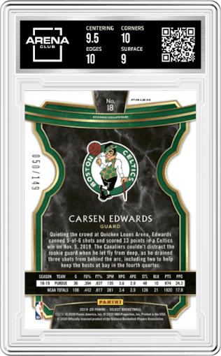 Carsen Edwards from the 2019-20 Panini Select set featuring a White Prizm parallel graded by Arena Club and given an overall grade of 9.5.