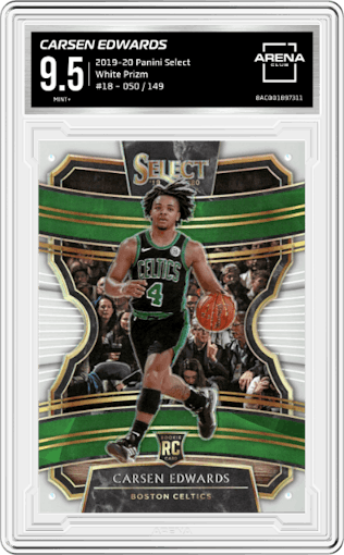 Carsen Edwards from the 2019-20 Panini Select set featuring a White Prizm parallel graded by Arena Club and given an overall grade of 9.5.