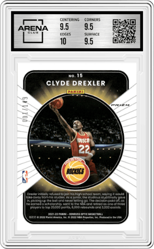 Clyde Drexler from the 2021-22 Panini Donruss Optic set featuring a Lime Green parallel graded by Arena Club and given an overall grade of 10.