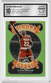 Clyde Drexler from the 2021-22 Panini Donruss Optic set featuring a Lime Green parallel graded by Arena Club and given an overall grade of 10.