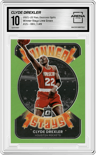 Clyde Drexler from the 2021-22 Panini Donruss Optic set featuring a Lime Green parallel graded by Arena Club and given an overall grade of 10.