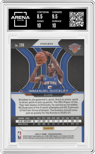Immanuel Quickley from the 2020-21 Panini Prizm set featuring a Silver Prizm parallel graded by Arena Club and given an overall grade of 9.