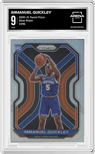 Immanuel Quickley from the 2020-21 Panini Prizm set featuring a Silver Prizm parallel graded by Arena Club and given an overall grade of 9.