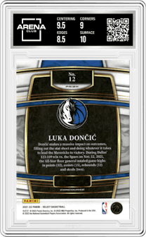 Luka Doncic from the 2021-22 Panini Select set featuring a Blue Shimmer Prizm
 parallel graded by Arena Club and given an overall grade of 9.