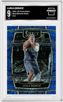 Luka Doncic from the 2021-22 Panini Select set featuring a Blue Shimmer Prizm
 parallel graded by Arena Club and given an overall grade of 9.