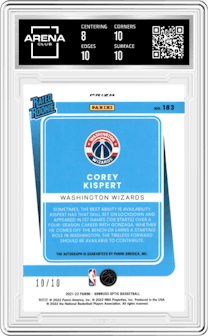 Corey Kispert from the 2021-22 Panini Donruss Optic set featuring a Premium Box Set parallel graded by Arena Club and given an overall grade of 8.5.