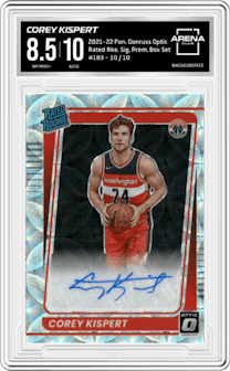 Corey Kispert from the 2021-22 Panini Donruss Optic set featuring a Premium Box Set parallel graded by Arena Club and given an overall grade of 8.5.
