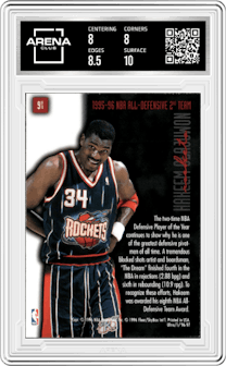 Hakeem Olajuwon from the 1996-97 Fleer Ultra Basketball set graded by Arena Club and given an overall grade of 8.5.