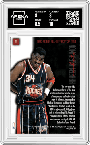 Hakeem Olajuwon from the 1996-97 Fleer Ultra Basketball set graded by Arena Club and given an overall grade of 8.5.