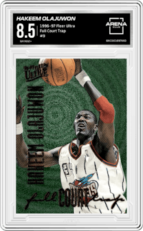 Hakeem Olajuwon from the 1996-97 Fleer Ultra Basketball set graded by Arena Club and given an overall grade of 8.5.