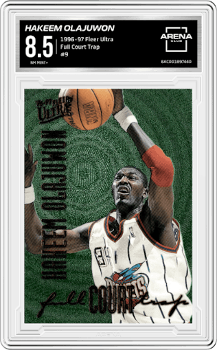Hakeem Olajuwon from the 1996-97 Fleer Ultra Basketball set graded by Arena Club and given an overall grade of 8.5.