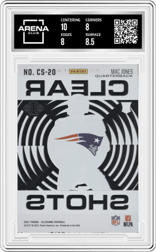 Mac Jones from the 2021 Panini Illusions set graded by Arena Club and given an overall grade of 8.5.