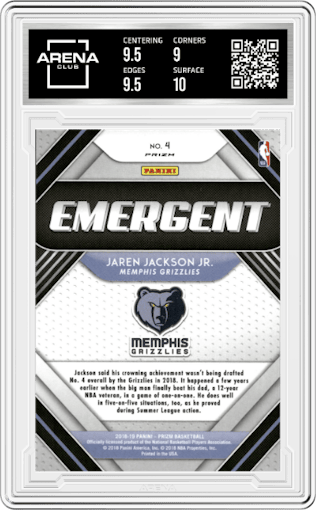 Jaren Jackson Jr. from the 2018-19 Panini Prizm set featuring a Silver Prizm parallel graded by Arena Club and given an overall grade of 9.5.