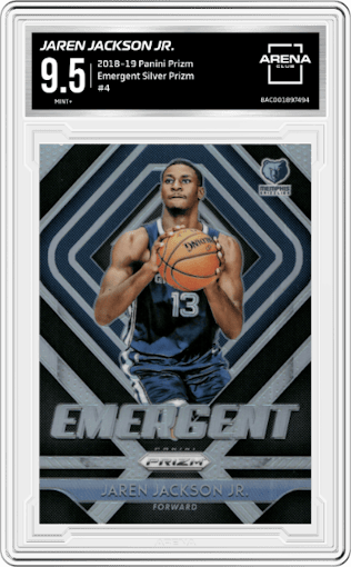 Jaren Jackson Jr. from the 2018-19 Panini Prizm set featuring a Silver Prizm parallel graded by Arena Club and given an overall grade of 9.5.