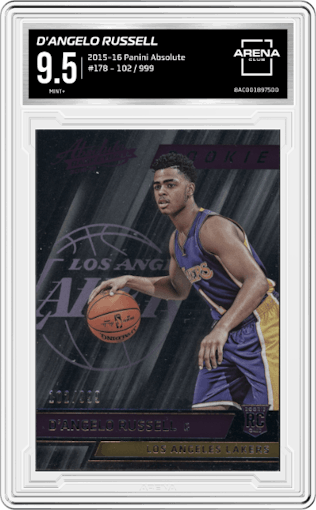 D'Angelo Russell from the 2015-16 Panini Absolute set graded by Arena Club and given an overall grade of 9.5.