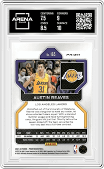 Austin Reaves from the 2021-22 Panini Prizm  set featuring a Premium Factory Set parallel graded by Arena Club and given an overall grade of 8.