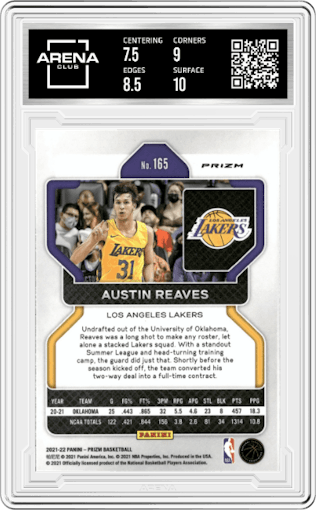 Austin Reaves from the 2021-22 Panini Prizm  set featuring a Premium Factory Set parallel graded by Arena Club and given an overall grade of 8.