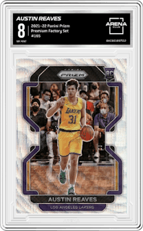 Austin Reaves from the 2021-22 Panini Prizm  set featuring a Premium Factory Set parallel graded by Arena Club and given an overall grade of 8.
