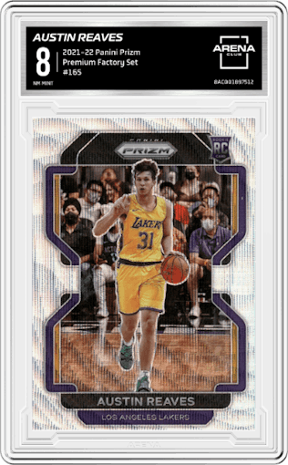 Austin Reaves from the 2021-22 Panini Prizm  set featuring a Premium Factory Set parallel graded by Arena Club and given an overall grade of 8.