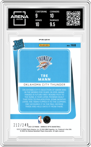 Tre Mann from the 2021-22 Panini Donruss Optic set featuring a Premium Box Set  parallel graded by Arena Club and given an overall grade of 9.5.