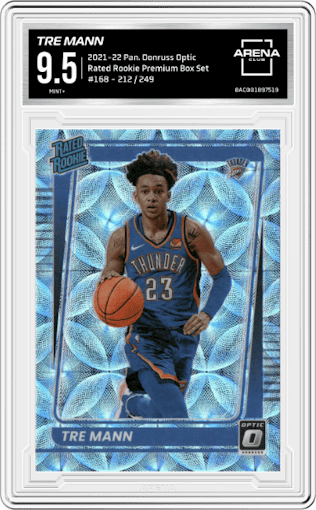 Tre Mann from the 2021-22 Panini Donruss Optic set featuring a Premium Box Set  parallel graded by Arena Club and given an overall grade of 9.5.