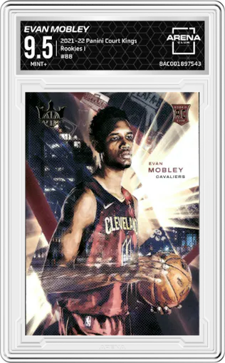 Evan Mobley from the 2021-22 Panini Court Kings set graded by Arena Club and given an overall grade of 9.5.