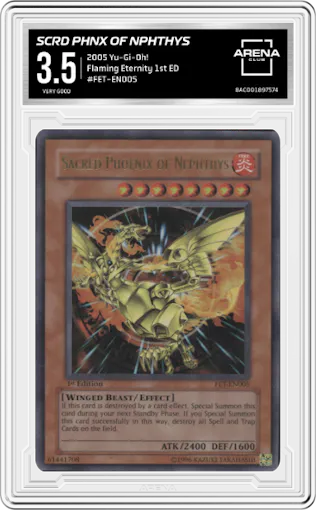 Scrd Phnx Of Nphthys from the 2005 Yu-Gi-Oh! set graded by Arena Club and given an overall grade of 3.5.