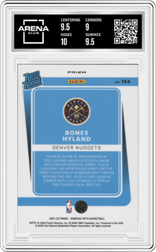 Bones Hyland from the 2021-22 Panini Donruss Optic set featuring a Blue Velocity parallel graded by Arena Club and given an overall grade of 9.5.