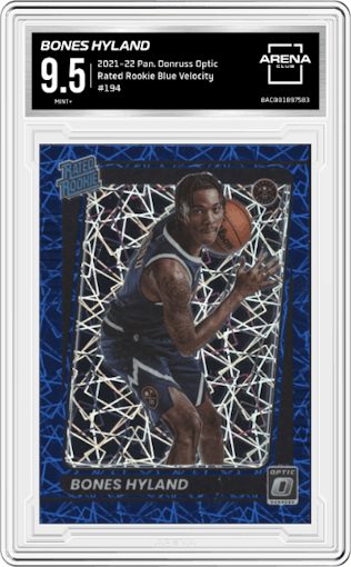 Bones Hyland from the 2021-22 Panini Donruss Optic set featuring a Blue Velocity parallel graded by Arena Club and given an overall grade of 9.5.
