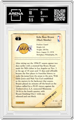 Kobe Bryant from the 2012-13 Panini Kobe Anthology set graded by Arena Club and given an overall grade of 9.5.