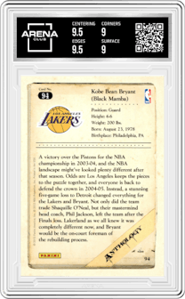 Kobe Bryant from the 2012-13 Panini Kobe Anthology set graded by Arena Club and given an overall grade of 9.5.